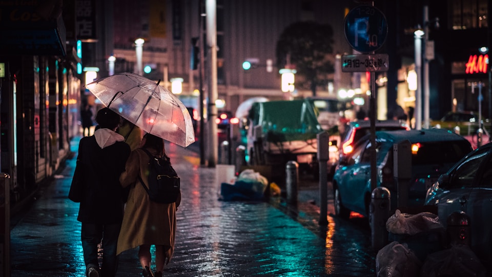 雨に濡れた路を傘をさして歩く人々