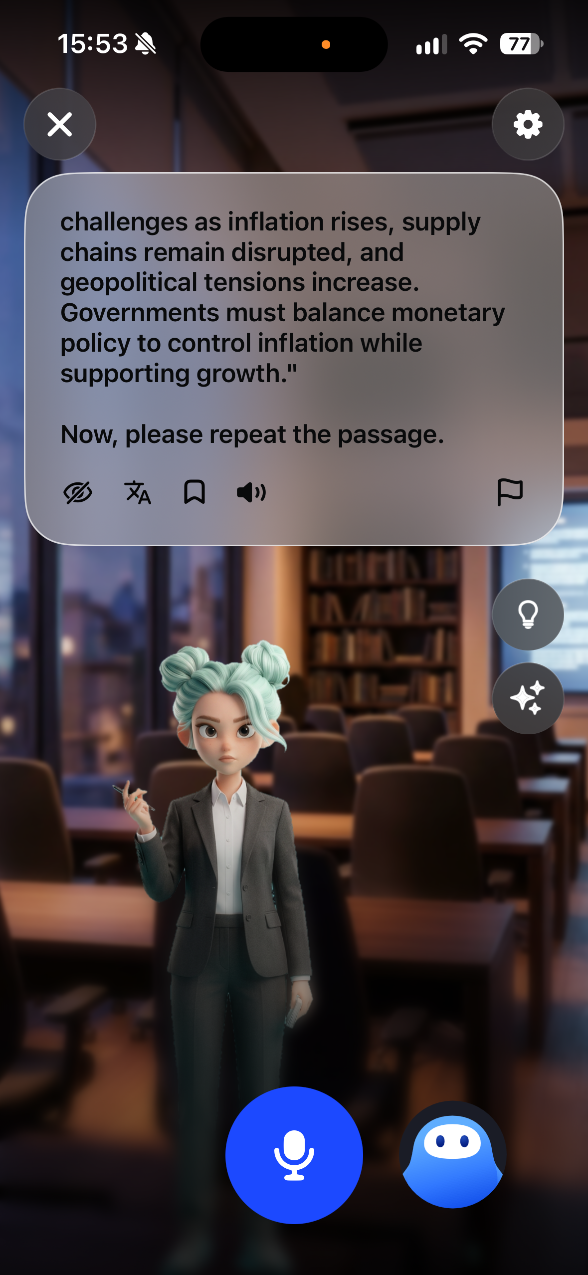 Speak app free talk screen where the AI character reads an English passage and asks the user to repeat it