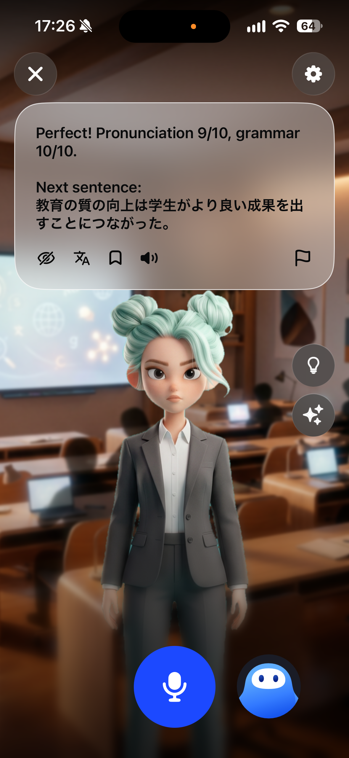 Speak app free talk quick translation practice screen showing a Japanese sentence to say in English and the score